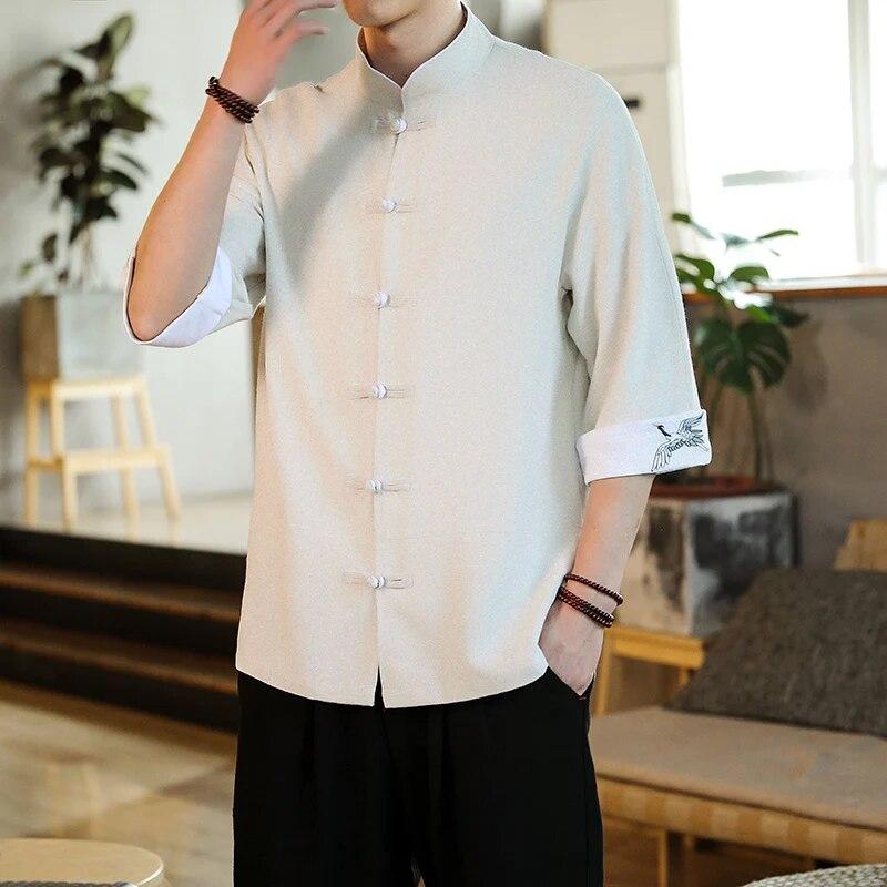 Sommer-Kranich-Stickerei-Top im traditionellen chinesischen Stil, Herren-Vintage-Hemd mit halben Ärmeln, Leinen-Kragen, Kungfu-Hemd XXL beige