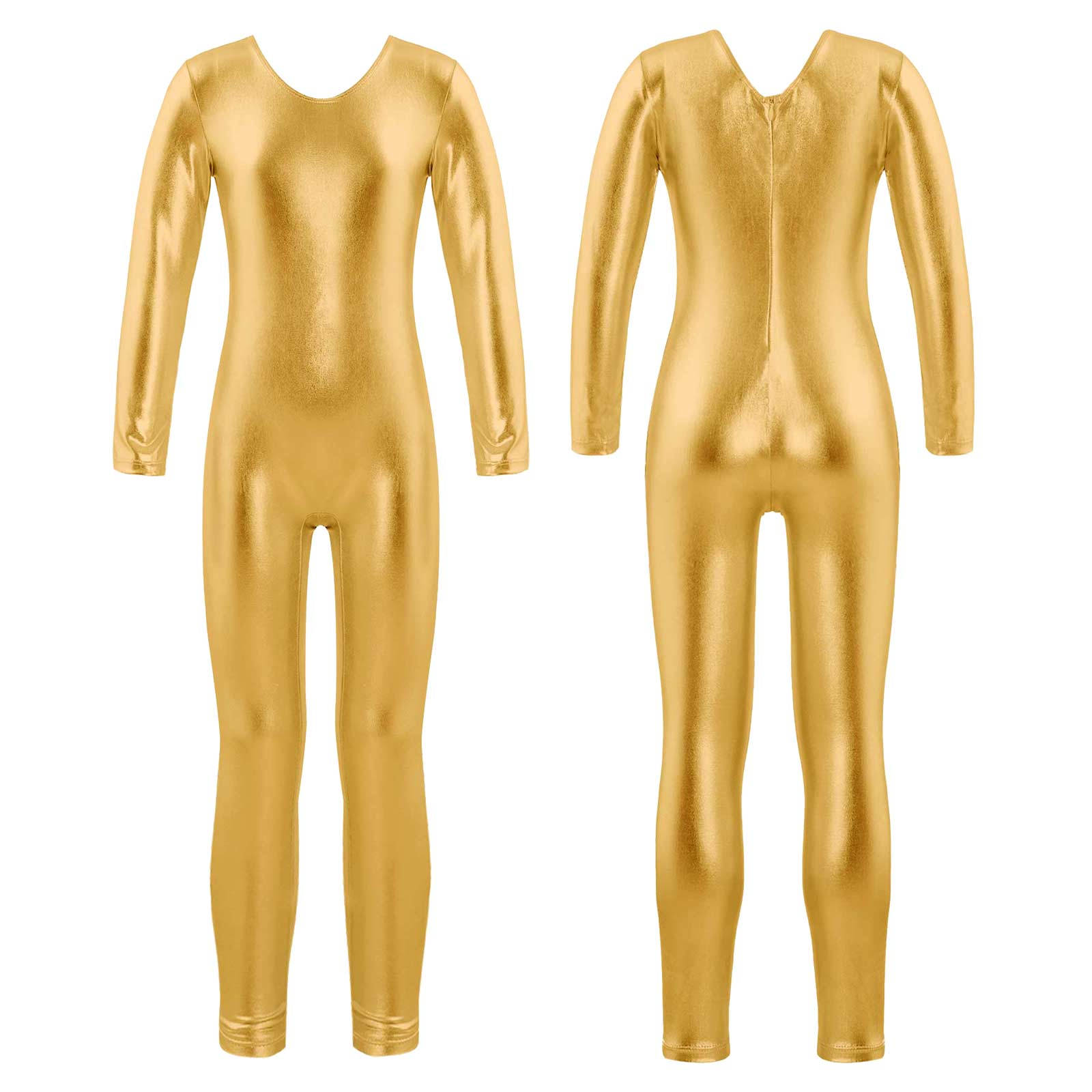 Kinder Ballett Gymnastik Ganzanzug Mädchen Langarm Rundhals Trikot Tanz Catsuit Body Dancewear 10-12 Years gold