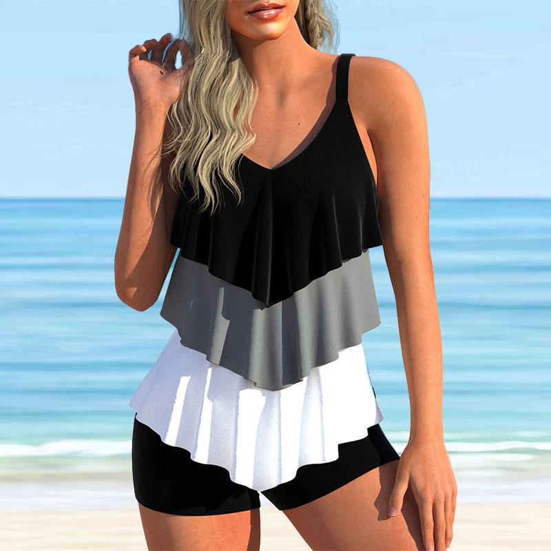Damen-Bikini-Tankini-Badeanzug mit Neckholder, dreifarbig, bedruckt 4XL schwarz