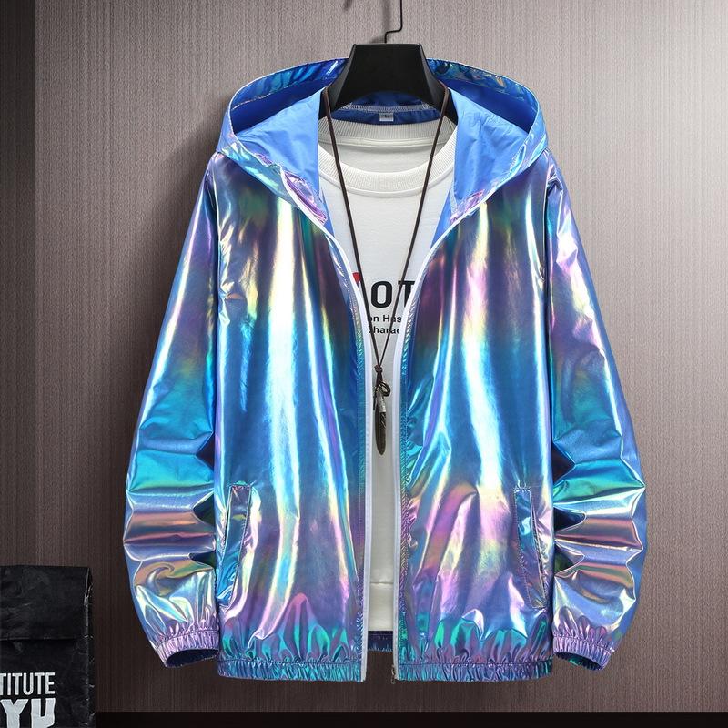 2024 Sommer Reflektierender warmer winddichter Windbreaker Modischer mehrfarbiger wasserdichter Regenmantel mit Kapuze Großer Paarmantel 2XL dunkelblaue