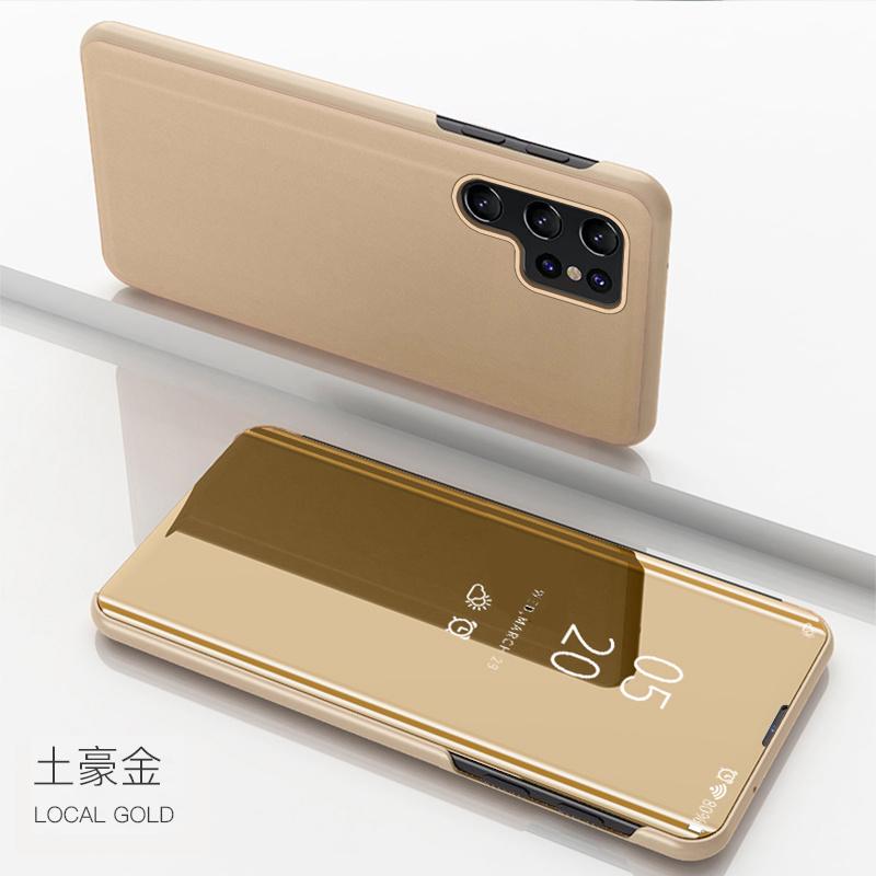 Für Samsung Galaxy S25 Ultra 5G Smart View Flip Case Smart Mirror Leder Ständer Handyhülle Für Samsung S24 FE S23+ S22Ultra A10 A73 M60S Rückseite Galaxy S22 Ultra gold