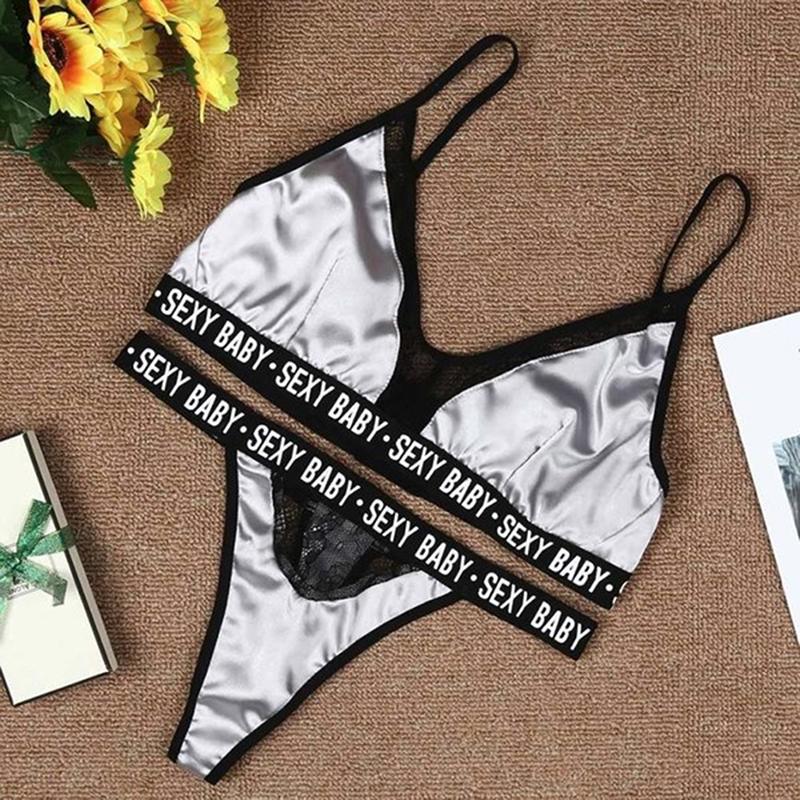 Frauen Sexy Dessous Weste Crop Bh Slip Set Brief Drucken Spitze Patchwork Kostüme Weibliche Unterwäsche L grau