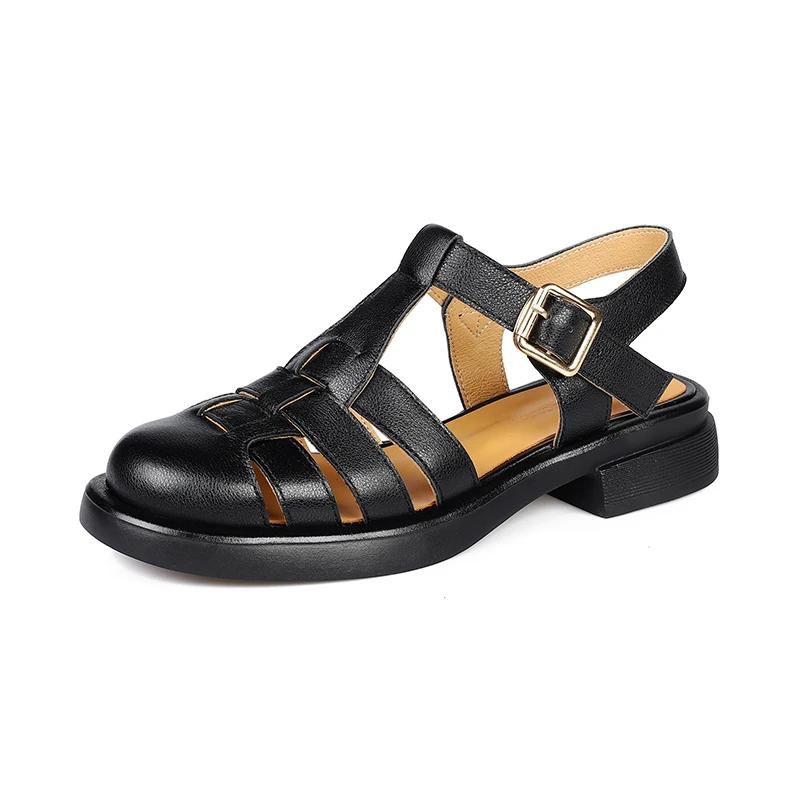 Mode 2025 Damen Sandalen Retro Echtleder Luxus Römische Sandalen Lässig Schnallenriemen Sommerschuhe GLADIATOR Dicke Ferse Damen Schuhe 34 schwarz
