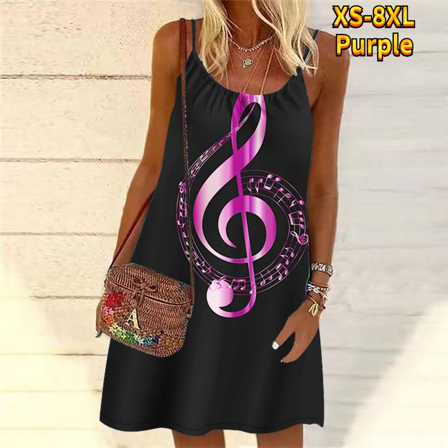 Frauen Blume Blinkende Note Gedruckt Mini Kleid Ärmelloses Party Kleid Sommer Strand Kleid Sommerkleid 8XL violett