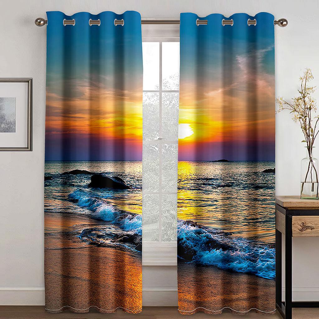 Meer See Blick 3D Vorhänge Seestern Dampfschiff Strand Blau Vorhänge Schlafzimmer Balkon Fenster Dekorative Vorhänge 2 Paneele 50W130H(CM)X2PCS&Hook brown