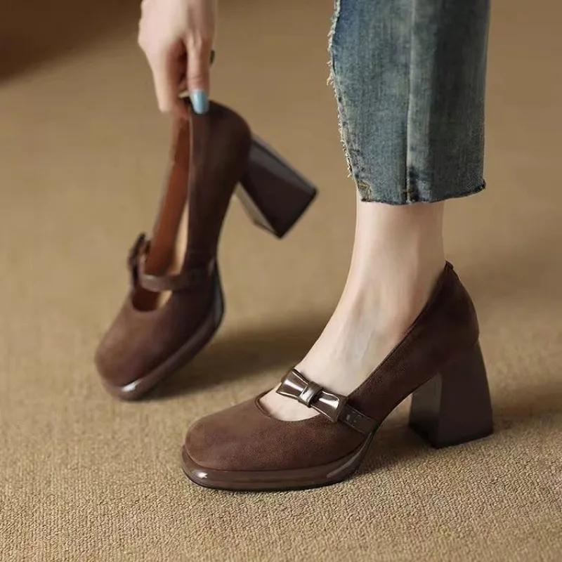 Schuhe Damen Mary Janes Damen High Heels Fashion Dress Pumps Damen Solid Round Toe Chunky Heels Slip on Schuhe Damen 39 braun