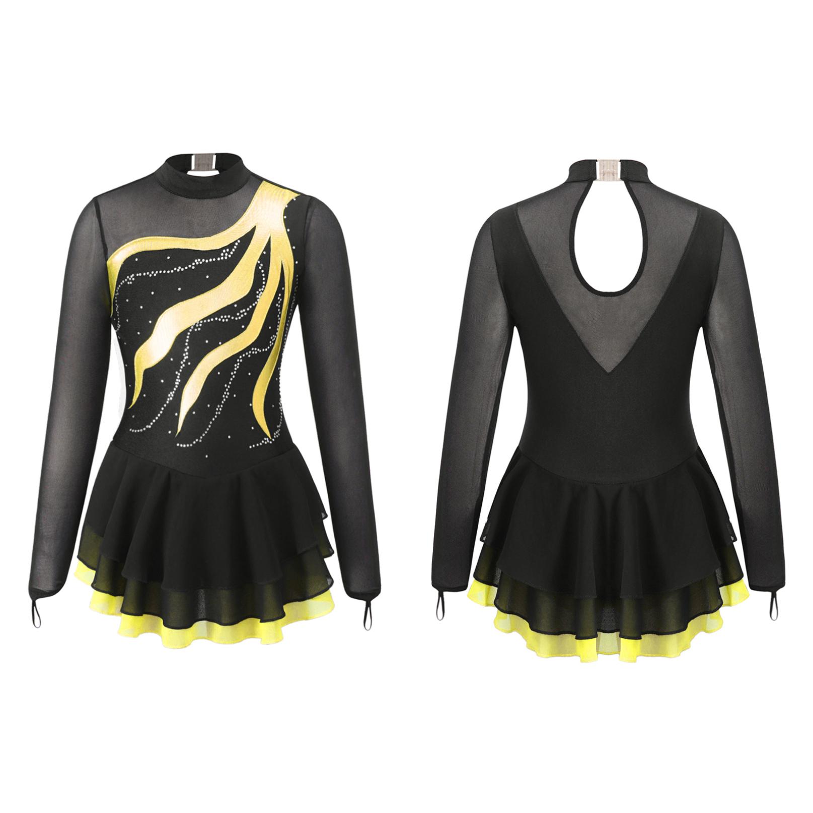 Kinder Mädchen Langarm Eiskunstlauf Kleid Glänzende Strass Mesh Tutu Ballett Gymnastik Tanz Trikot Kleid 11-12 Years gelb