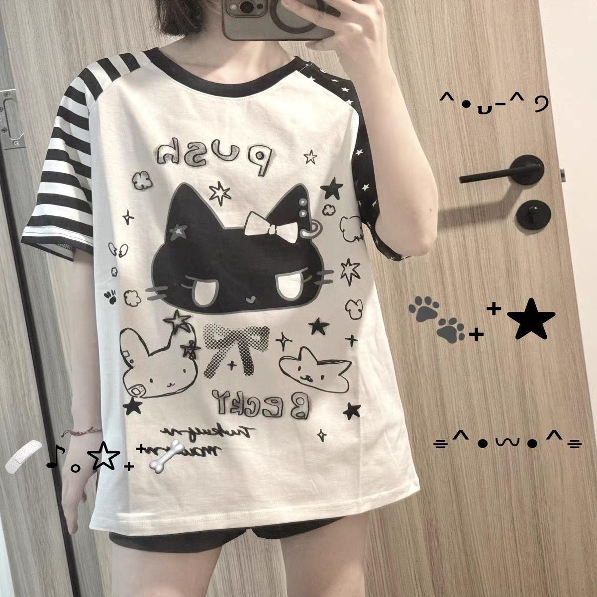 Übergroße Oberteile Japanische T-Shirts Damenbekleidung Sommer Lässig Y2k T-Shirts Mädchen Harajuku Niedlich Anime-Druck Lässige T-Shirts S weiß