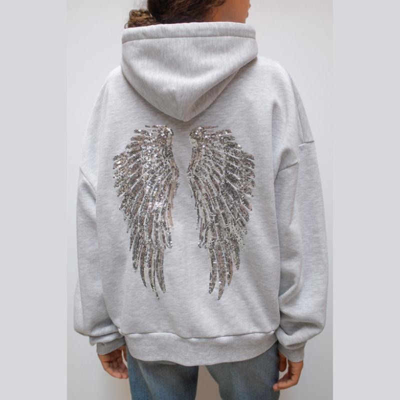 Pailletten Flügel Kapuzenpullover Damen Lässig Langarm Hoodies Damen Oberteil Damen Locker Streetwear XXXL grau