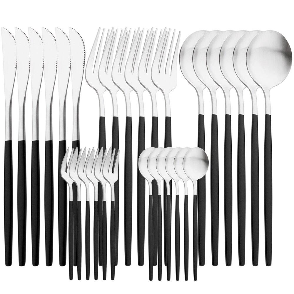 30-teiliges Besteckset aus Weißgold, matt, Geschirr, Messer, Gabel, Löffel, Edelstahl, Besteck, Küche, Party, Geschirr-Set silber/schwarz