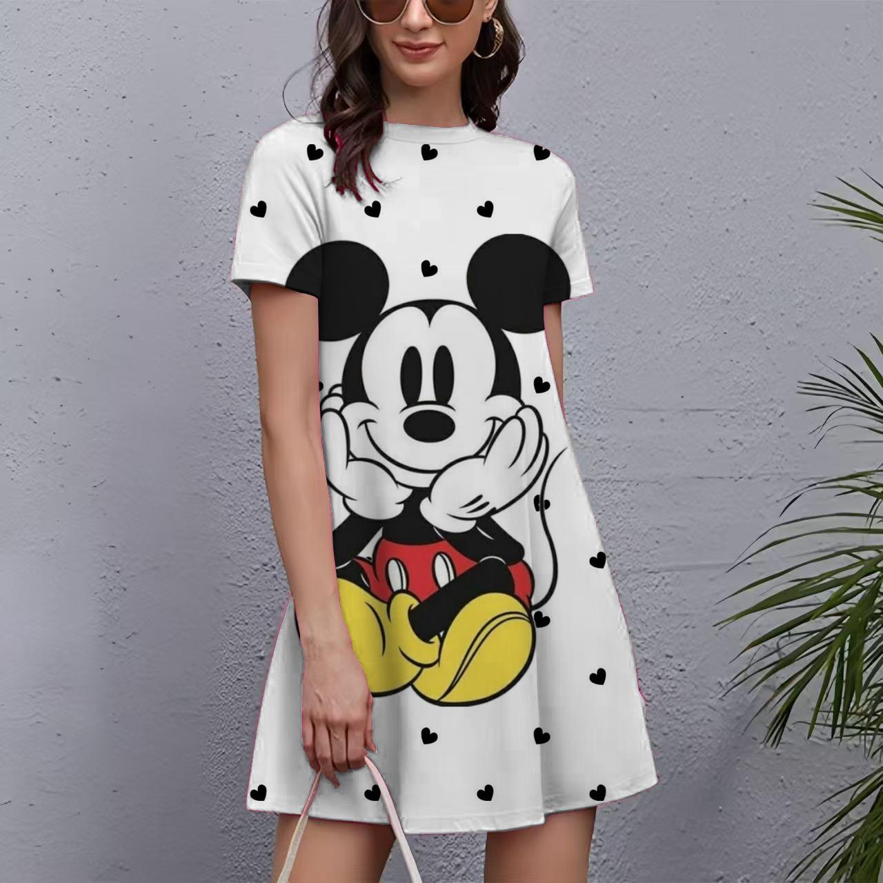 Damenkleider Mickey Maus Print Elegant & Schön Midi-Kleider Große Größen Damen Sommer Einteiler 6XL white