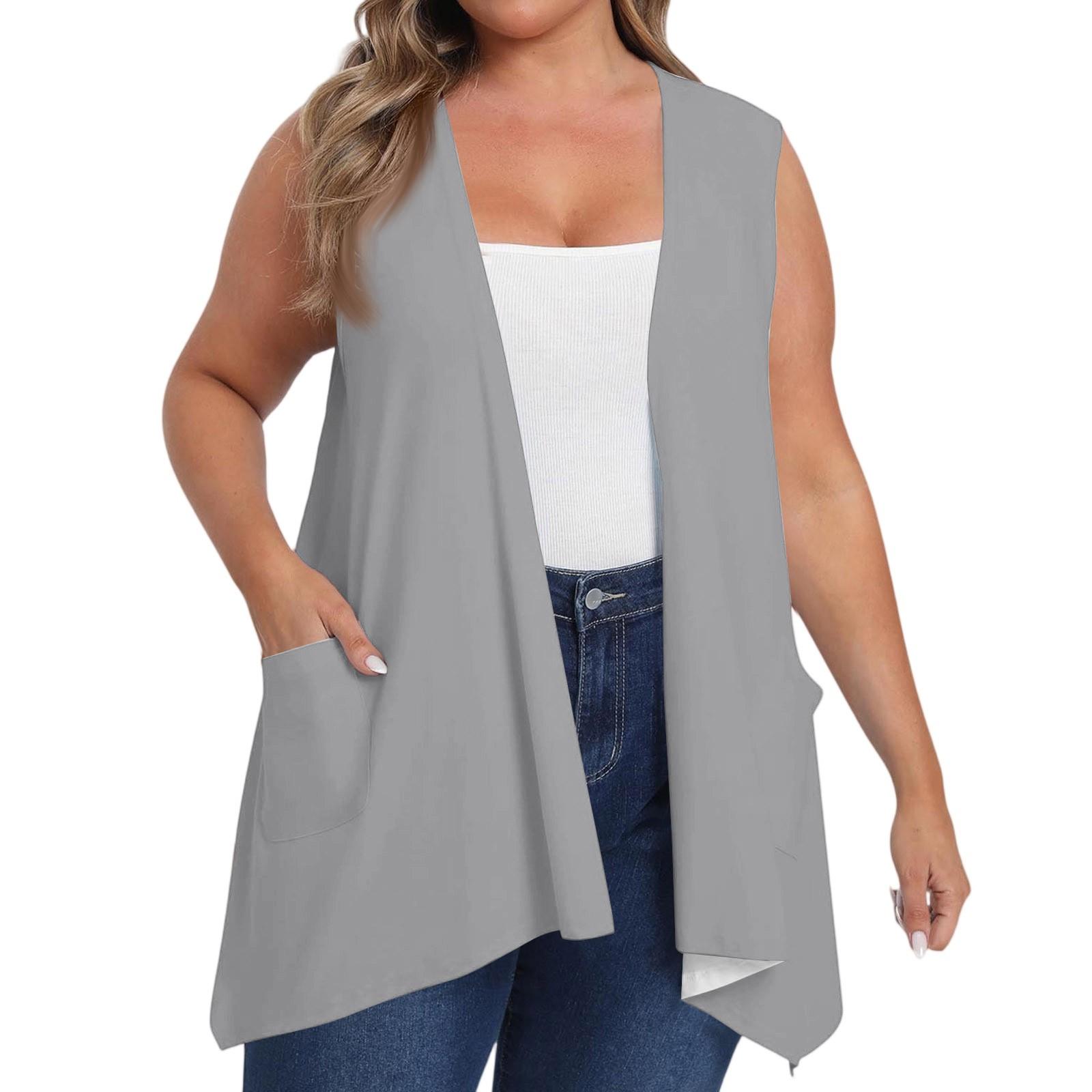 Damen Übergröße Locker Lässig Einfarbig Ärmellose Weste mit Tasche Strickjacke Jacke Strickjacke Jacke XXXXL