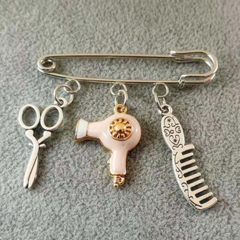 Neue kreative Mode Designer Brosche Schmuck Friseur Schere Kamm Haartrockner Anhänger Brosche Geschenke rosa
