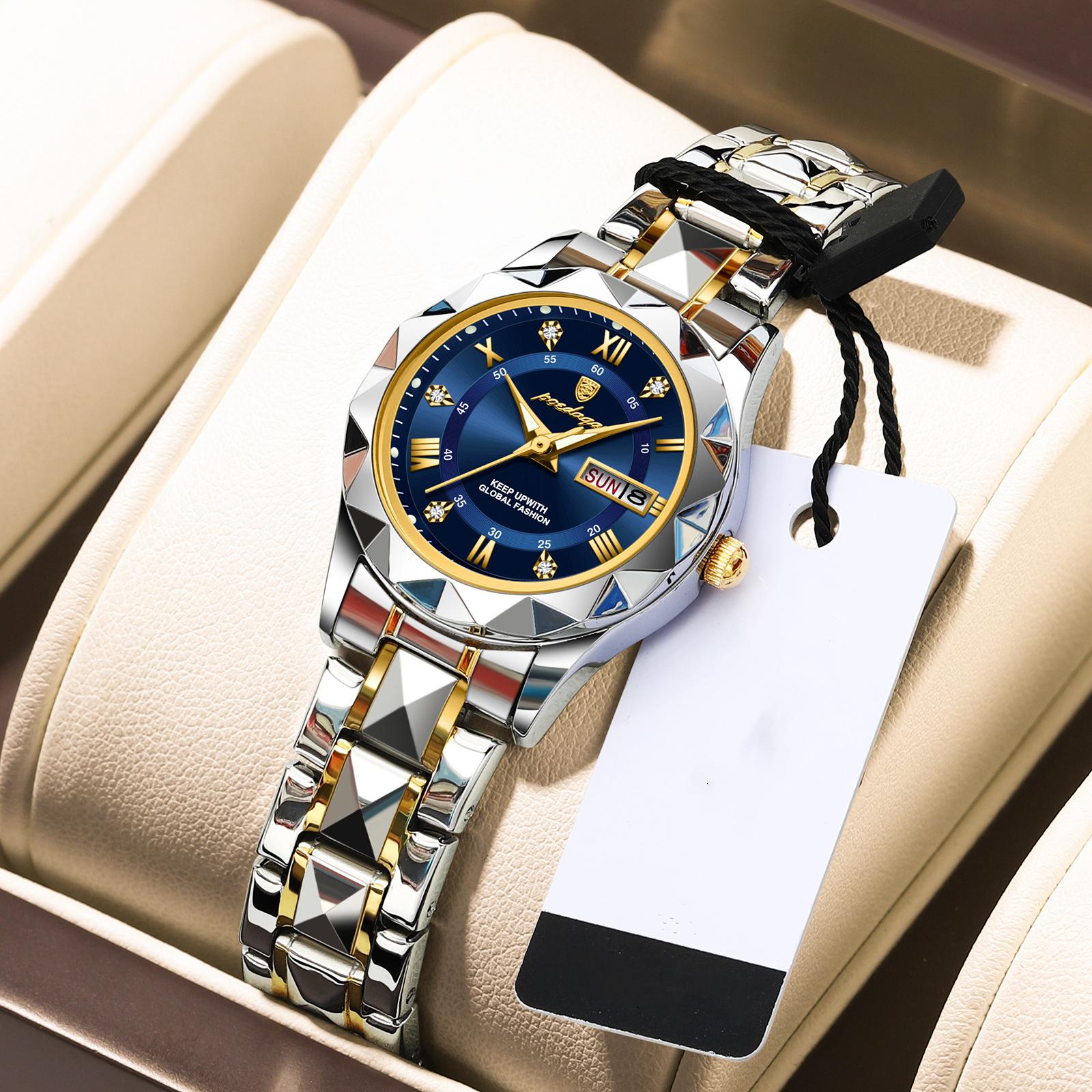 POEDAGAR Elegante Quarz Damen Armbanduhr Auto Datum Top Marke Original Uhr Für Frauen Luxus Wasserdicht Leuchtende Handgelenk Uhren blau/gold