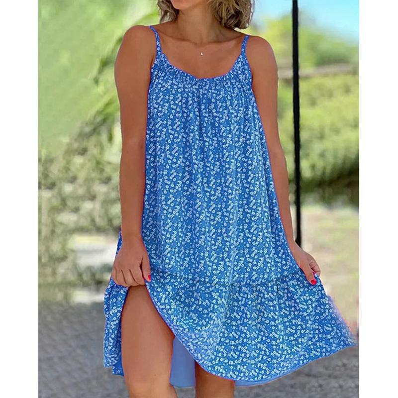 Frauen Mode Schlinge Kleid Sommer Casual Ärmellose Übergroßen Blumen Druck Party Lose Kleider Weibliche 4XL blau