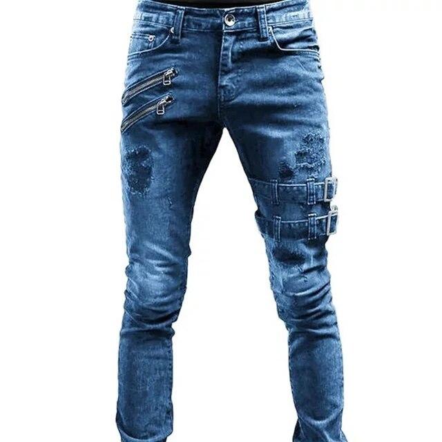Retro Moto Biker Gerade Elastische Jeans Männer Zipper Loch Streetwear Punk Dünne Denim Cargo Hosen Pantalones Hombre Y2K Kleidung S blau