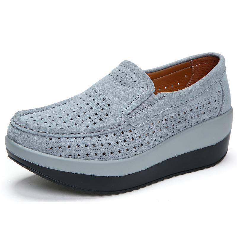 Damenschuhe, modische Keilabsatzschuhe aus weichem Leder, Freizeitschuhe mit ausgehöhlten, atmungsaktiven High Heels, Plateauschuhe, Slip-on-Damenschuhe 41 hellblaue