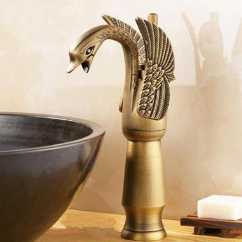 Europäischer Retro-Wasserhahn, Schwan, heißer und kalter Waschbecken-Wasserhahn, Retro-Vollkupfer unter dem Waschbecken, goldener Wasserhahn