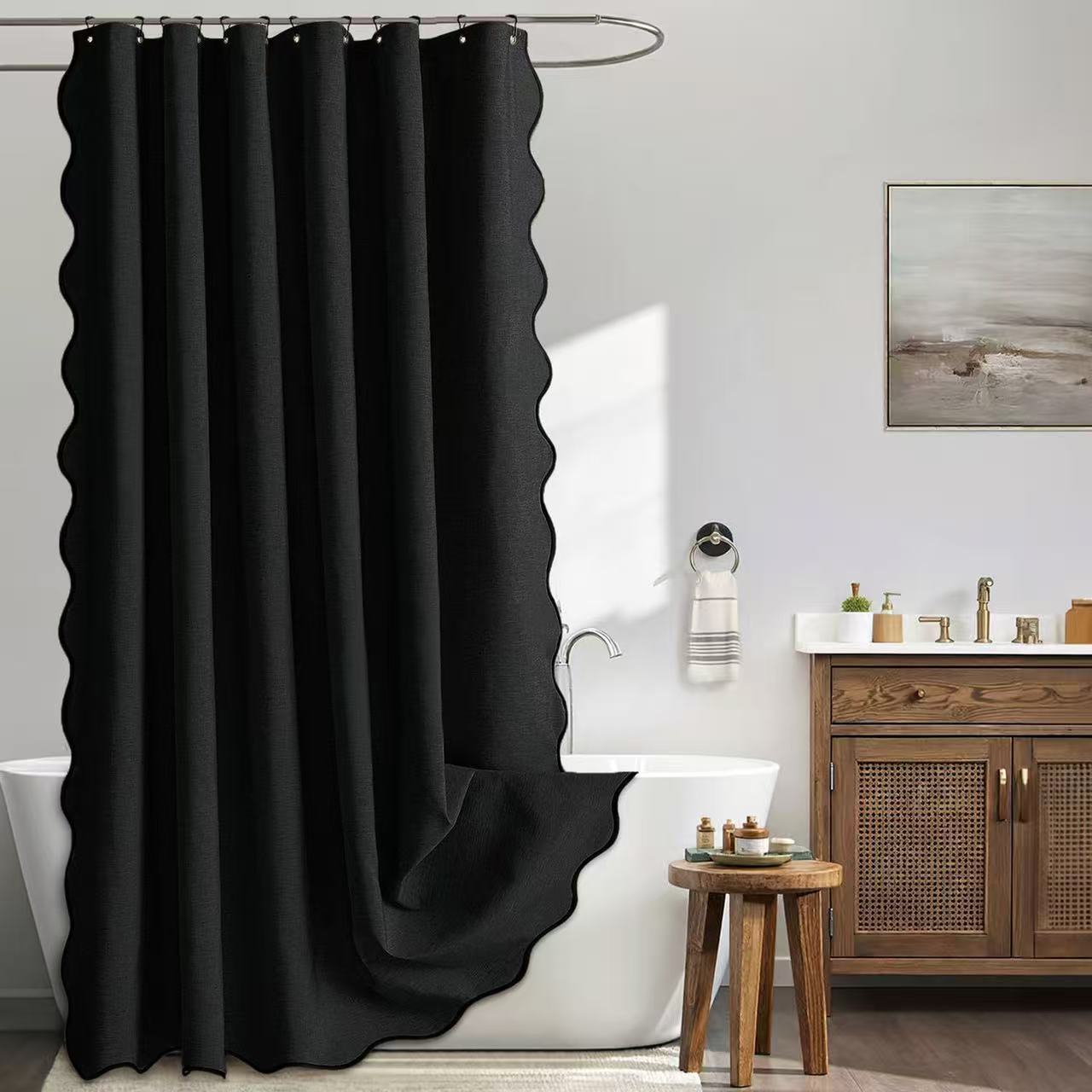 Faux Leinen Wellenkante Duschvorhang Wasserdicht Badezimmer Trennwand Sichtschutz Vorhang Duschvorhang Badewannen Dekoration 180*200cm schwarz