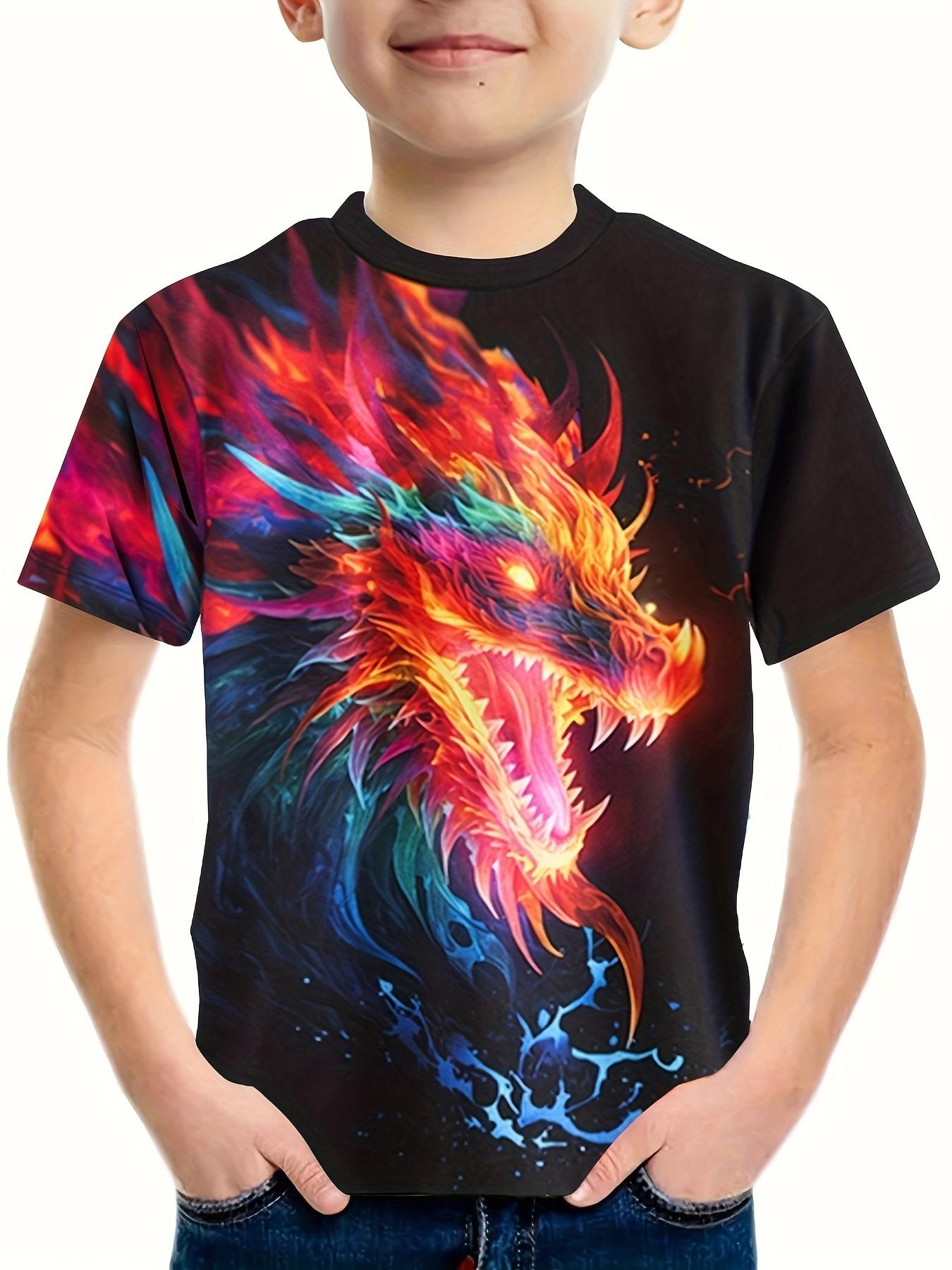 Kinderbekleidung T-Shirts für Jungen Kurzarm Kinder T-Shirt Stilvoller 3D-Drache-Graphit-Druck Lässige Mädchen Sommerkleidung Tops 160 red
