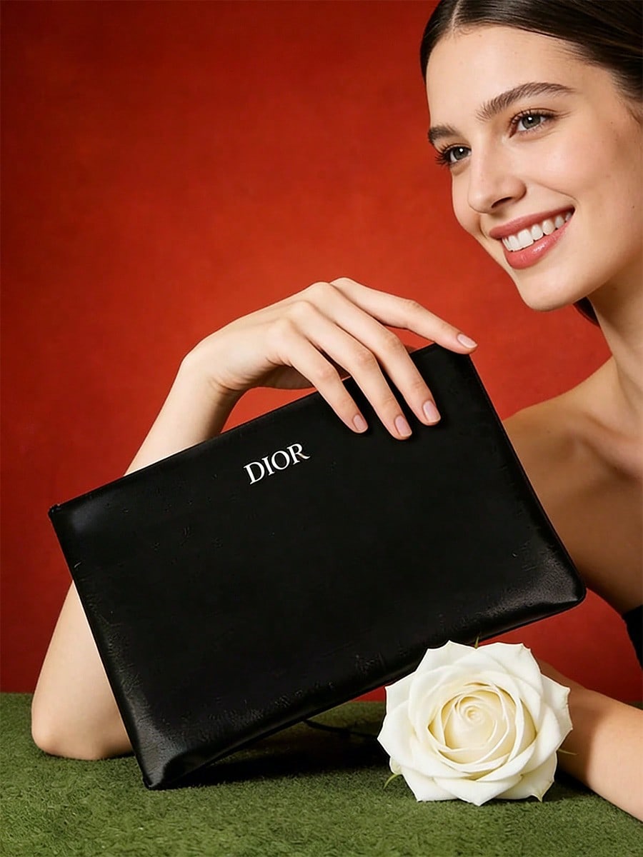 DIOR 1 Stück Schwarze Glattleder Make-up Tasche Silbernes Aufgedrucktes DIOR Logo Reißverschluss Tragbare Flache Kosmetiktasche für Frauen Tägliche Reise schwarz