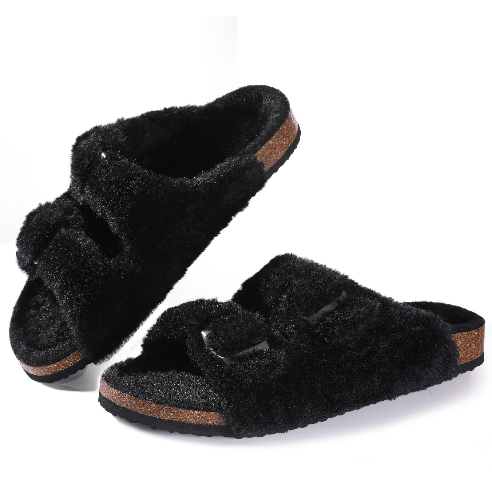 Mode Comwarm Mode Fell Kork Hausschuhe Damen Winter Flauschiges Fell Zuhause Pantoletten Offene Zehen Korkfußbett Fellige Kork Sandalen mit Fußgewölbestütze 42(26cm) schwarz