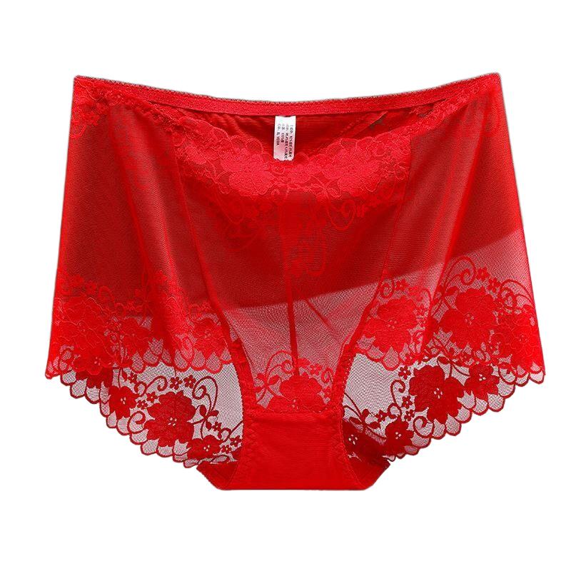 3XL Plus Größe Spitze Höschen Hohe Taille Frauen Hosen Sexy Hohl Blumen Dessous Weibliche Mesh Atmungsaktive Briefs Dessous 4XL XL rot