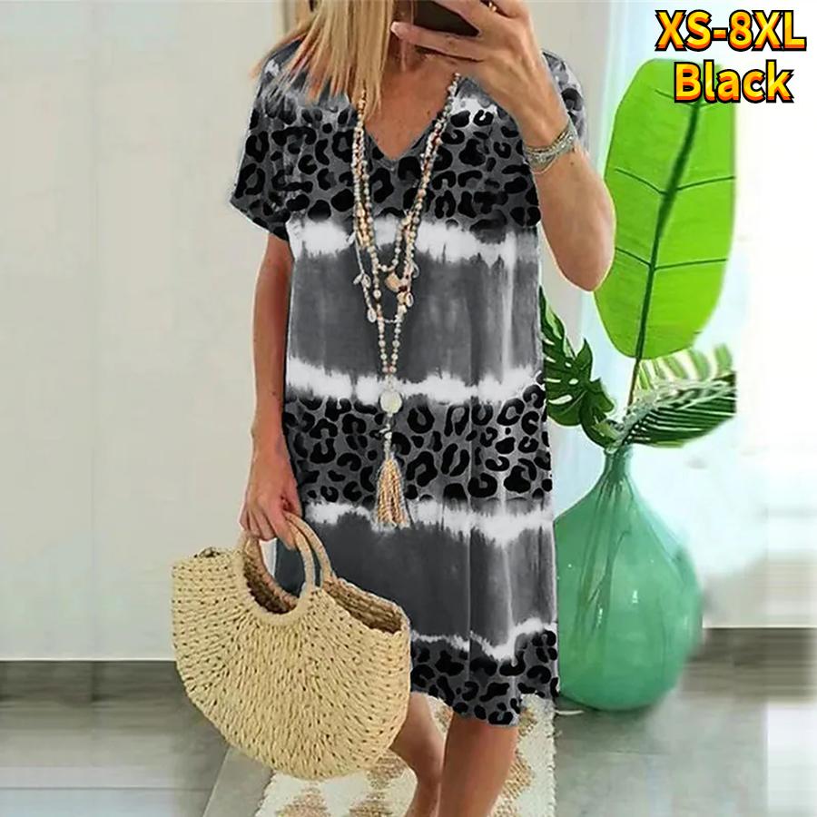 Sommer Mode V-ausschnitt Kleid Damen Kurzarm Blau Leopard Print Gedruckt Kleid Lose Casual Kleid für Frauen 4XL schwarz
