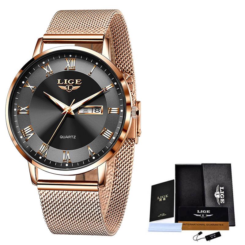 LIGE Modische Luxus-Quarz-Herrenuhr Lässiges Netzarmband Datum Woche Ultraleine Herrenuhr rose gold/schwarz