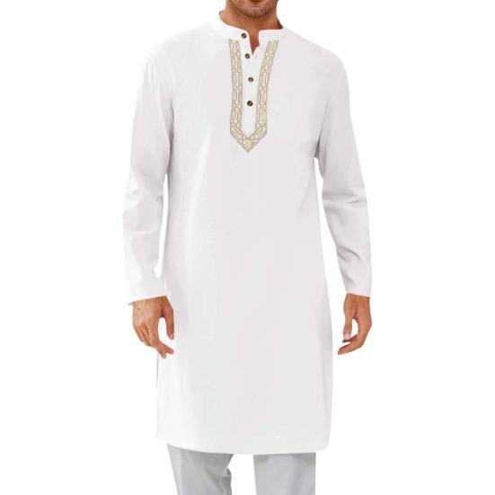 Herren Kaftan Robe O-Ausschnitt Langarm Abaya Atmungsaktive Button-up Thobe Arabische Ihram Kleidung für legere Anlässe Gebete M weiß