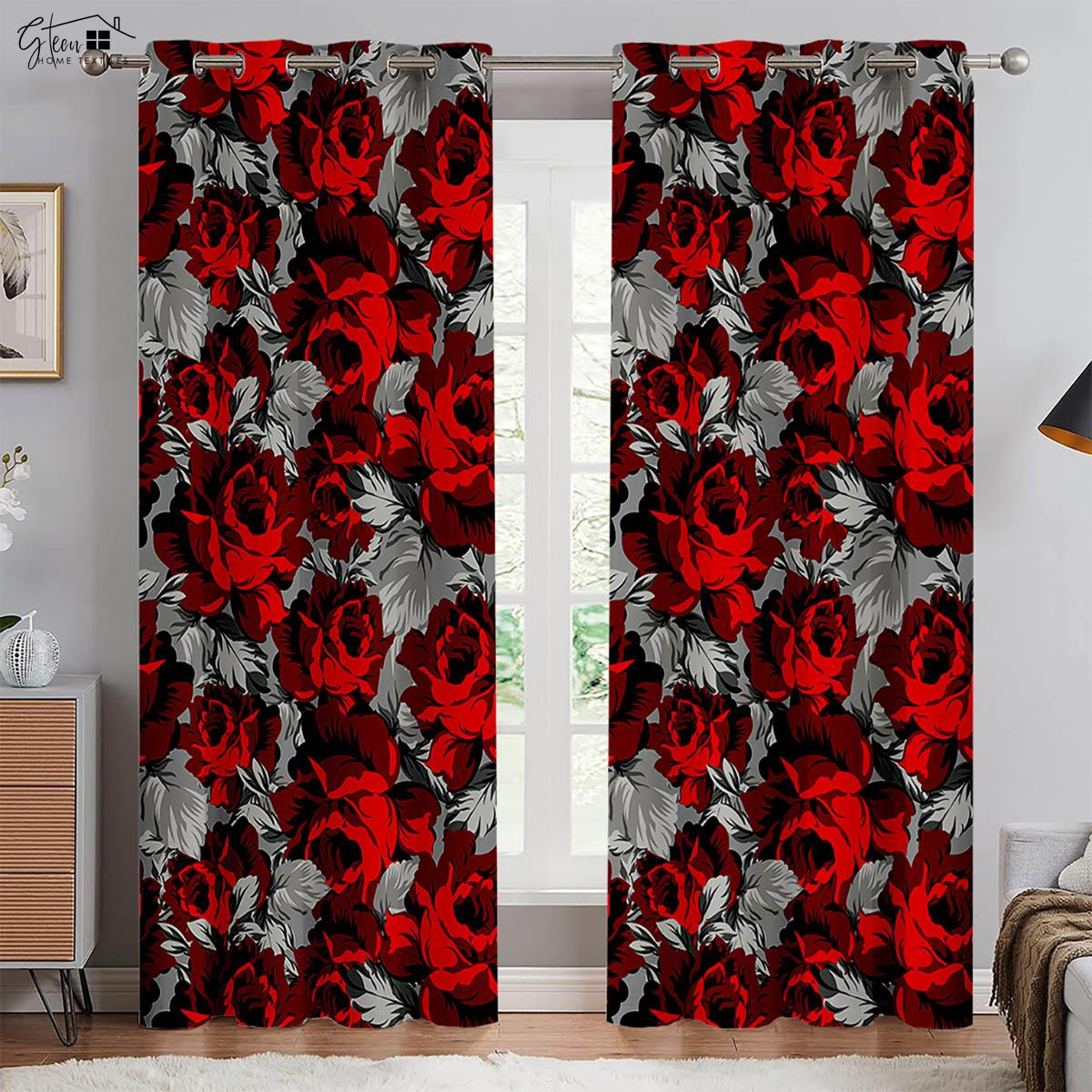 Retro Rote Rose 3D-Druck Vorhänge Polyesterfaser Vorhänge Geeignet für Schlafzimmer Wohnzimmer Arbeitszimmer Dekorative Vorhänge 2 STÜCK W75xH166(CM)x2PCS&Grommet Top