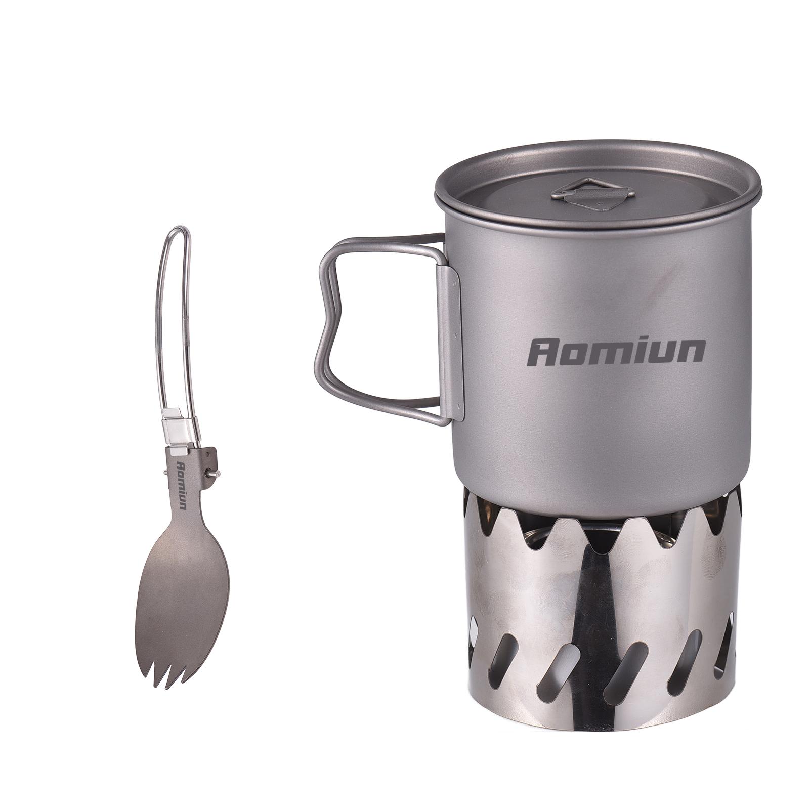Camping Kochset Ti 500ml Tasse Gabel Löffel Spirituskocher Windschutz Tragbare Camping Kochsets für
