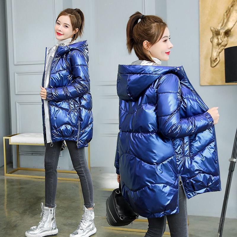 2022 neue Winter Jacke Parkas Frauen Glänzend Unten Baumwolle Jacke Mit Kapuze Parka Warme Weibliche Baumwolle Gefütterte Jacke Casual Outwear P985 L blau