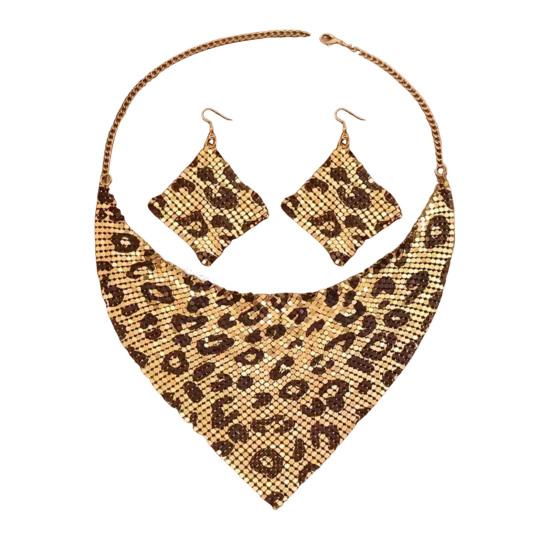 2 Stück/Set Damen Halskette Ohrringe Set Leopardenmuster Funkelnde Pailletten Halskette Hakenohrringe Set Schmuck Geschenk silber