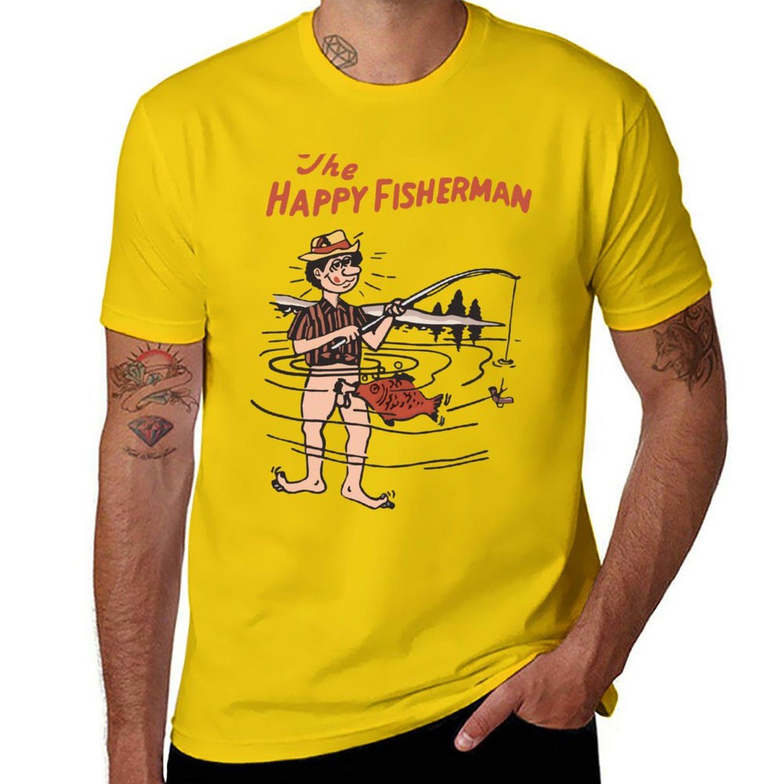 Neues The Happy Fisherman T-Shirt lustige T-Shirts personalisierte T-Shirts Grafik-T-Shirt Trainingsshirts für Männer XL yellow