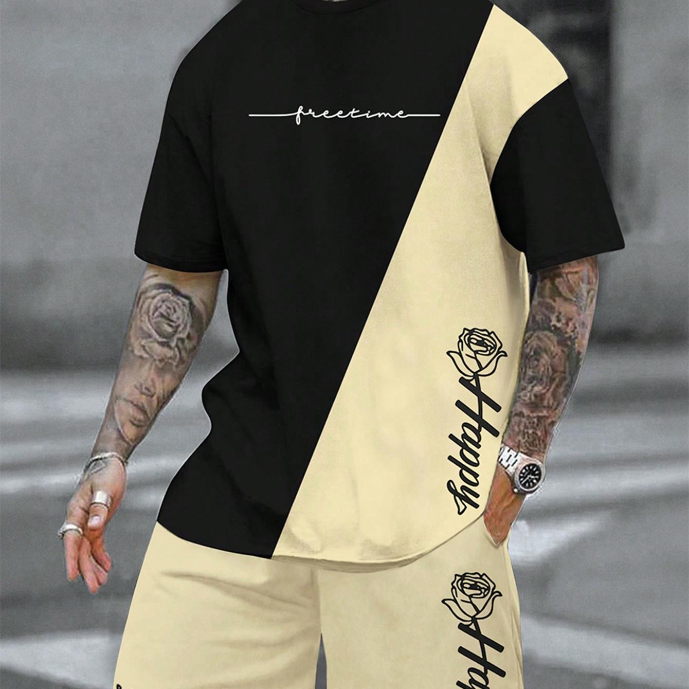 2-teiliges Sommer-Outfit-Set für Herren mit Farbverlauf, kurzärmliges T-Shirt mit Rundhalsausschnitt und Shorts mit elastischer Taille und Taschen, Kombiteil XXL