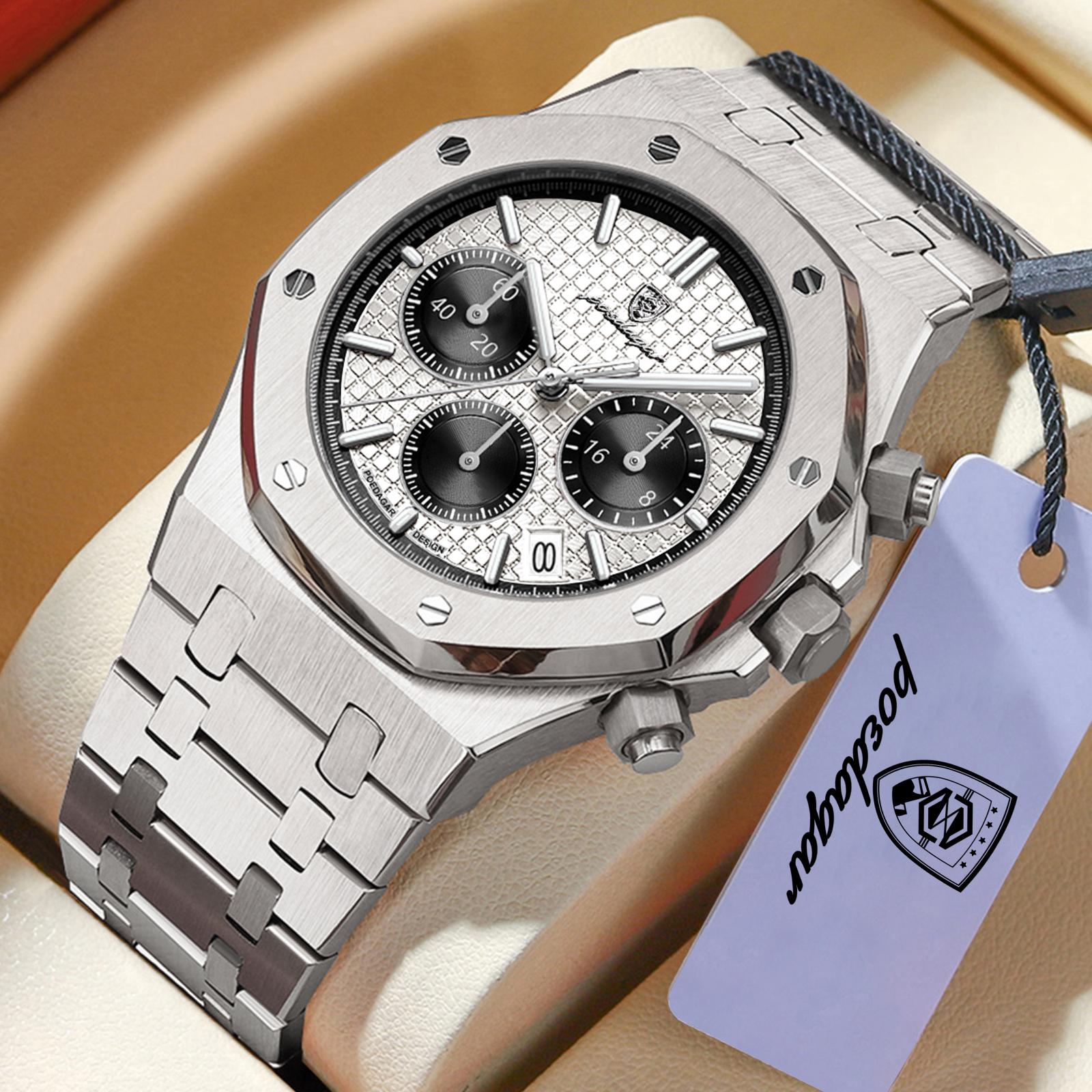 POEDAGAR Luxus Herrenuhren Edelstahl Datum Chronograph Herrenuhr Wasserdicht Leuchtend Militär Quarz Armbanduhr weiß/silber
