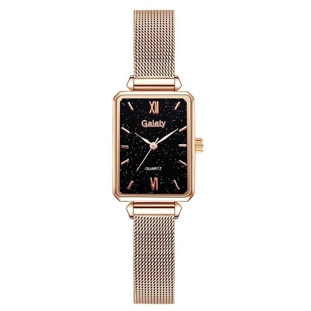 Marke Frauen Uhren Fashion Square Damen Quarzuhr Armband Set Grünes Zifferblatt Einfache Rose Gold Mesh Luxus Frauen Uhren schwarz