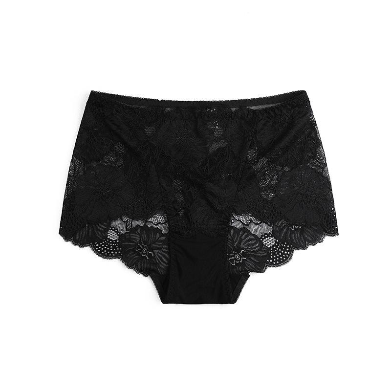 Damen Sexy Spitze Slips Blumen Stickerei Unterwäsche Mittelhoch Taille Po Lift Nahtlose Slips Übergröße Elastizität Slip L schwarz