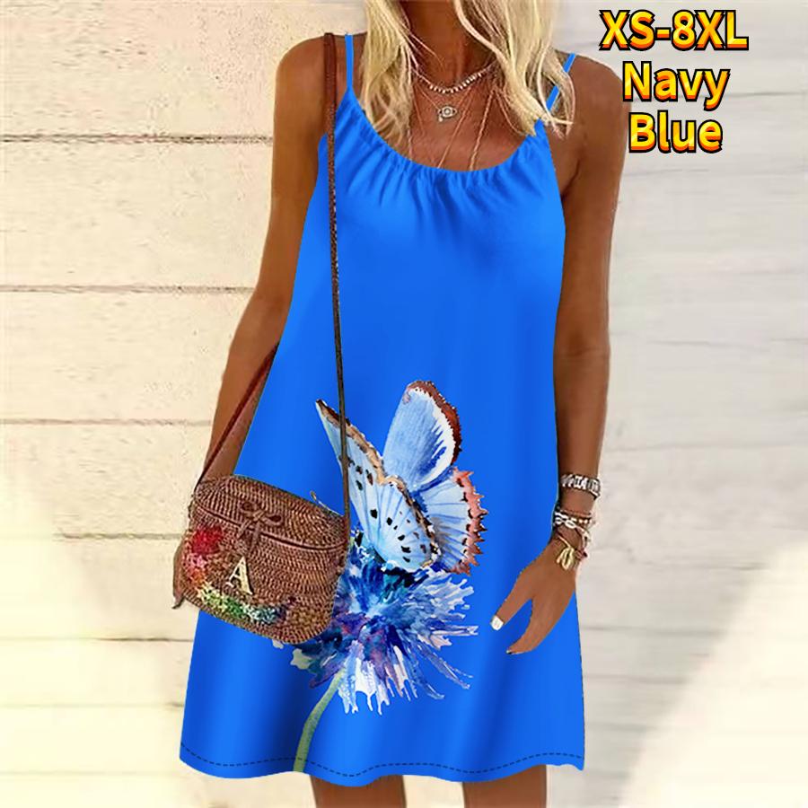Frauen Blume Schmetterling Bestäubung Gedruckt Mini Kleid Ärmelloses Party Kleid Sommer Strand Kleid Sommerkleid L navy blau