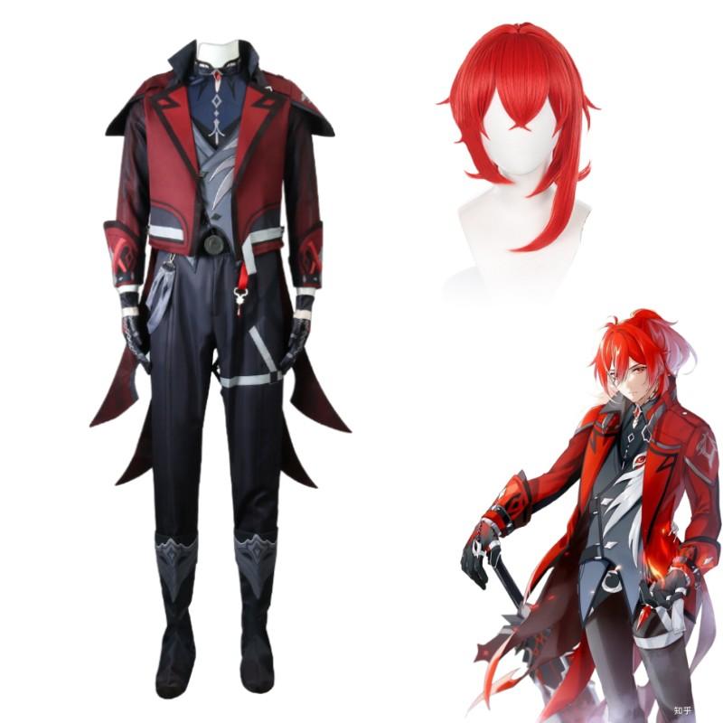 Neues Spiel Diluc Neues Kostüm Komplettset Roter Mantel Hose Unisex Erwachsene Spiel Cosplay Kostüm Halloween Party Unifrom Perücke M-(Costume+Wig)