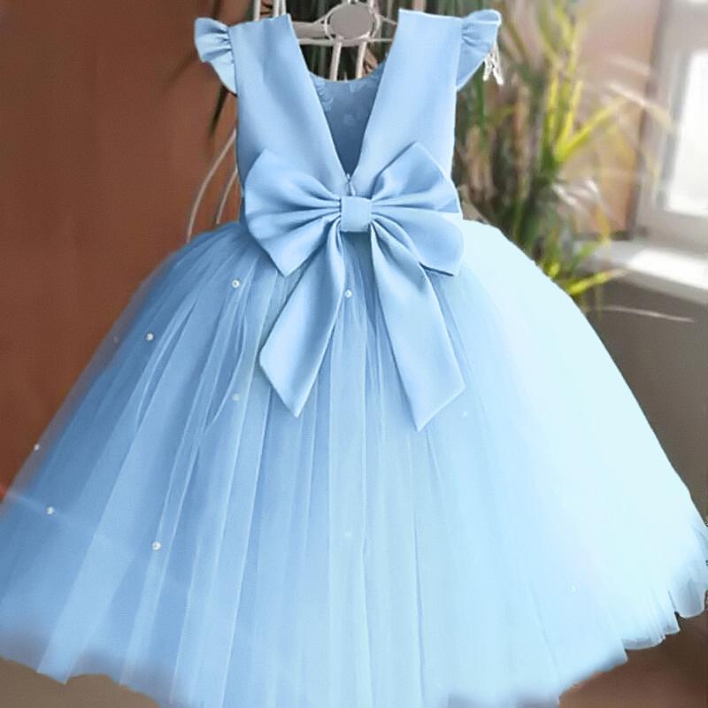 Blau Rosa Rot Grün Mädchen Blumen Geburtstag Tüll Kleid Rückenfrei Schleife Hochzeitskleid Kinder Party Tragen Prinzessin Blau Kleid Baby Mädchen Bowknot Kleider 70cm