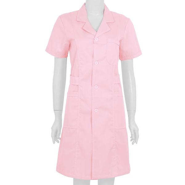 Frauen Erwachsene Einfarbig Kurzarm Hemd Kleid Krankenhaus Krankenschwester Peeling Mantel Uniform Kleid S rosa