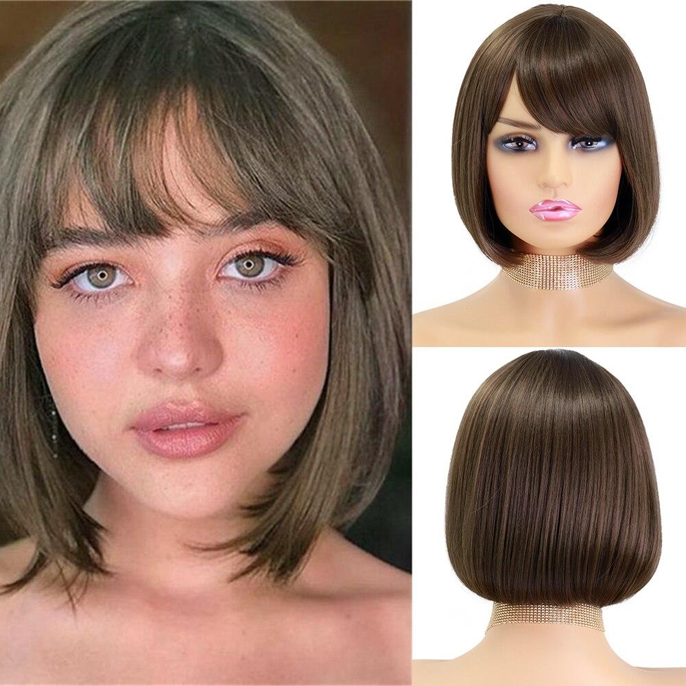 MISS WIG Damen Kurze Bob-Perücke mit Pony, synthetische Perücken, Schwarz, Braun, Lolita, Cosplay, Party, natürliches Haar, nach innen rollen