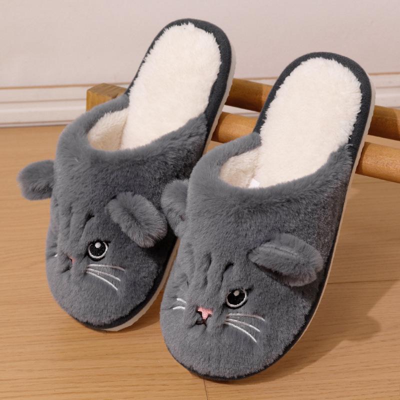 Niedliche Katzen Hausschuhe Damen Plüsch Hausschuhe Cartoon Kätzchen Muster, Warme Indoor Hausschuhe für Herbst und Winter, Unisex Weiche Hausschuhe, Paar Hausschuhe 40-41 grau