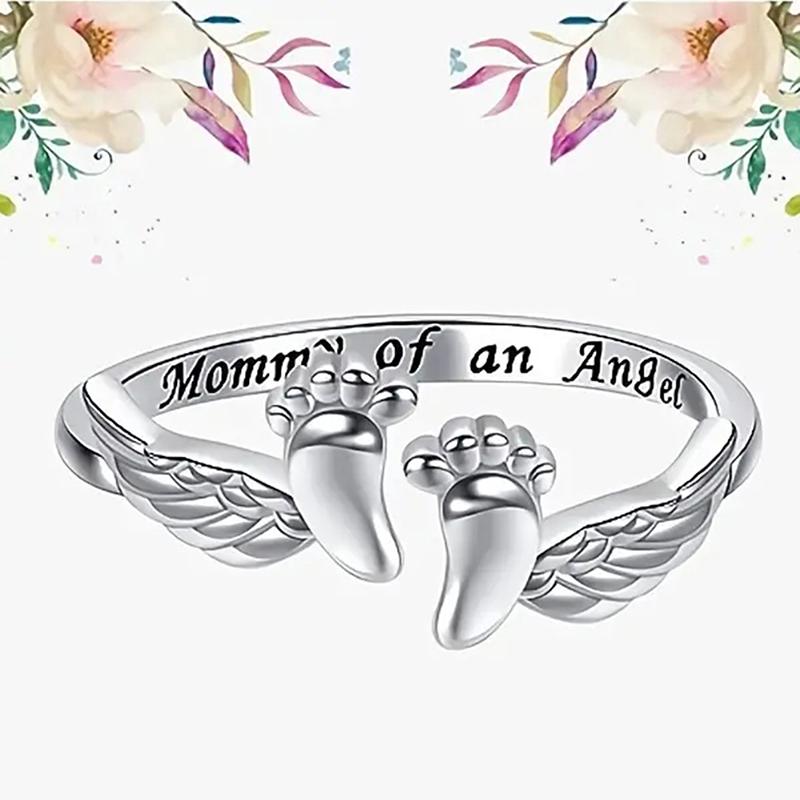 Huitan Mutterringe Kinderfuß Engelsflügel Bestes Muttertagsgeschenk Mama eines Engels Kreativer geschnitzter Fingerring Schmuck für Frauen 7 white