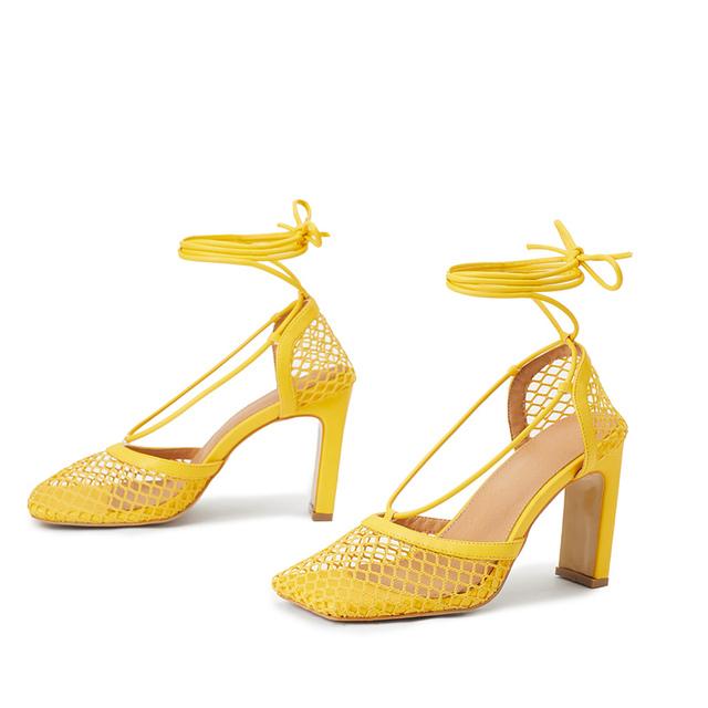 Sommer Frauen 9,5 cm High Heels Sandalen Lady Fetisch Gladiator Gelb Block Heels Sandalen Lace Up Mesh Cross Strap Sexy Schuhe 42 gelb