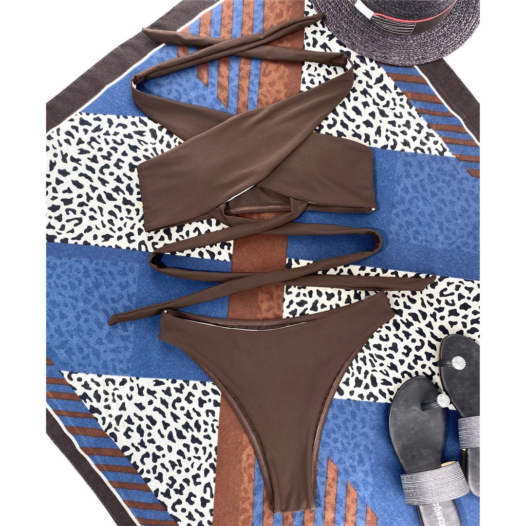 Wrap-Around-Bikini mit Ausschnitt, Damen-Badeanzug, Damen-Bademode, zweiteiliges Bikini-Set, Neckholder-Badeanzug, Badeanzug L kaffeebraun