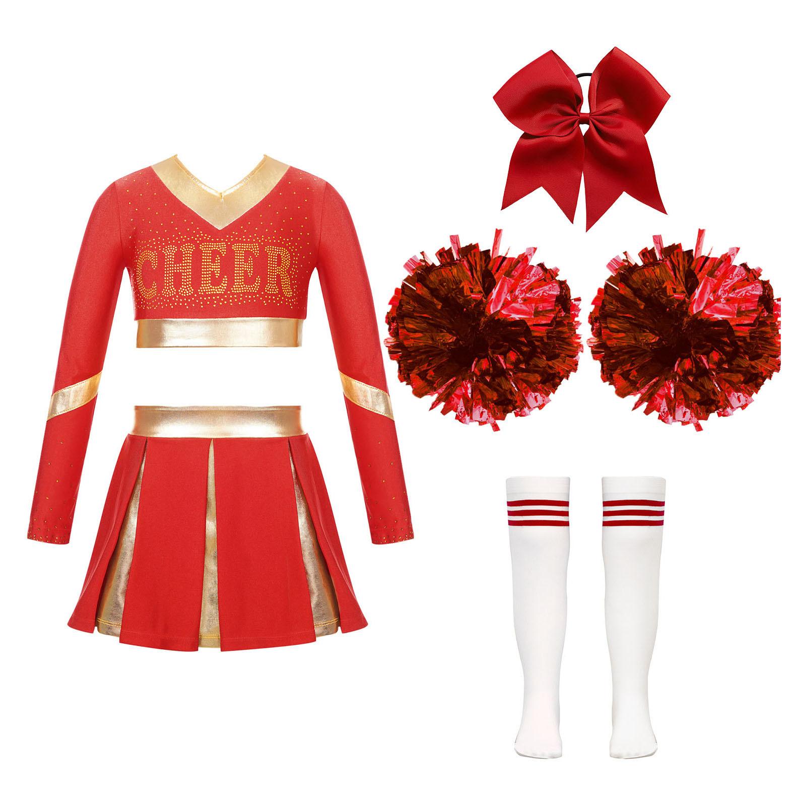 Cheerleading-Kostüm für Mädchen, langärmelig, bauchfreies Top mit Rock, Pompons, Socken, Halloween-Kostüm, Karnevalsparty-Outfits 5-6 Years rot