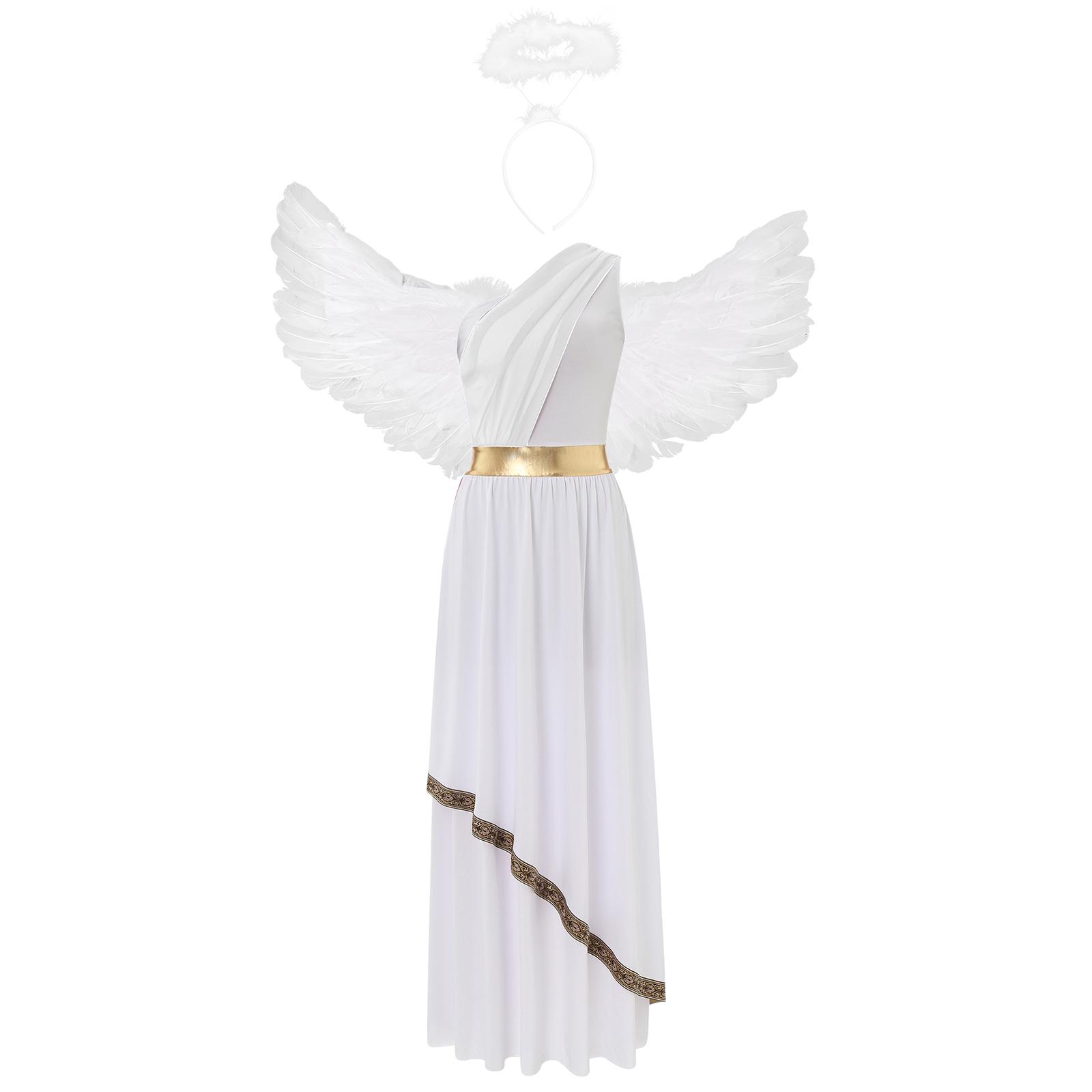 Damen Halloween Engel Kostüm Ärmellos Chiffon Vintage Besatz Tunika Kleid Feder Engelsflügel Kopfschmuck Set L weiß